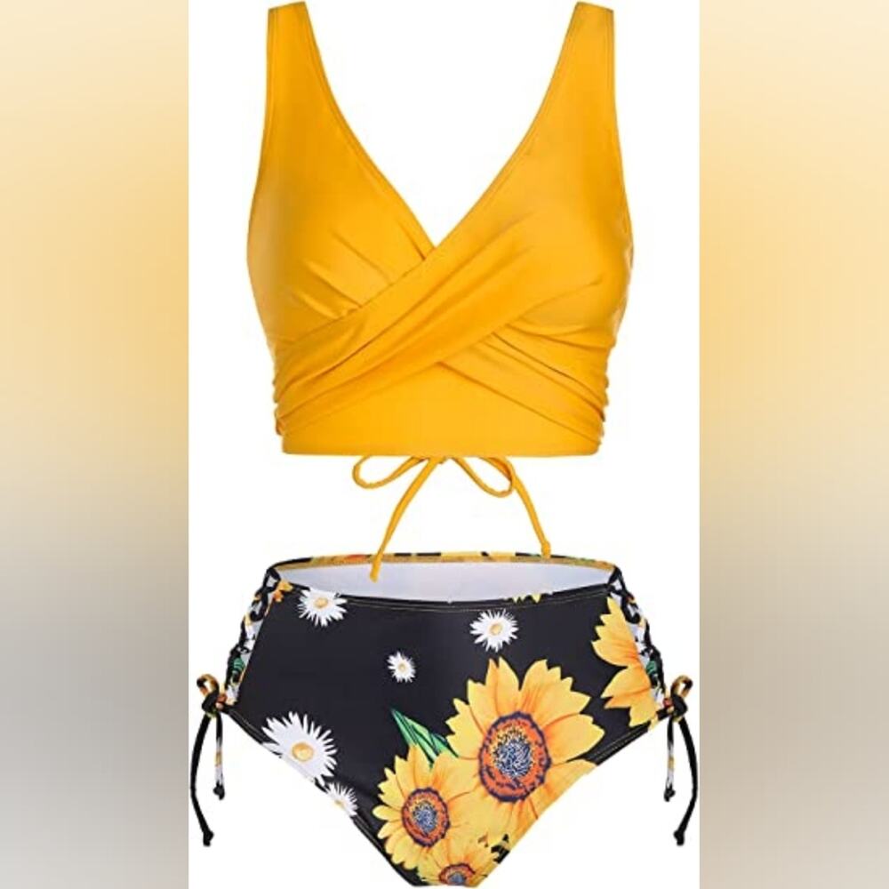 Women's‎ New Ruched Swimsuit Bikini Sunflowers Yellow Black 552 Size 3XL